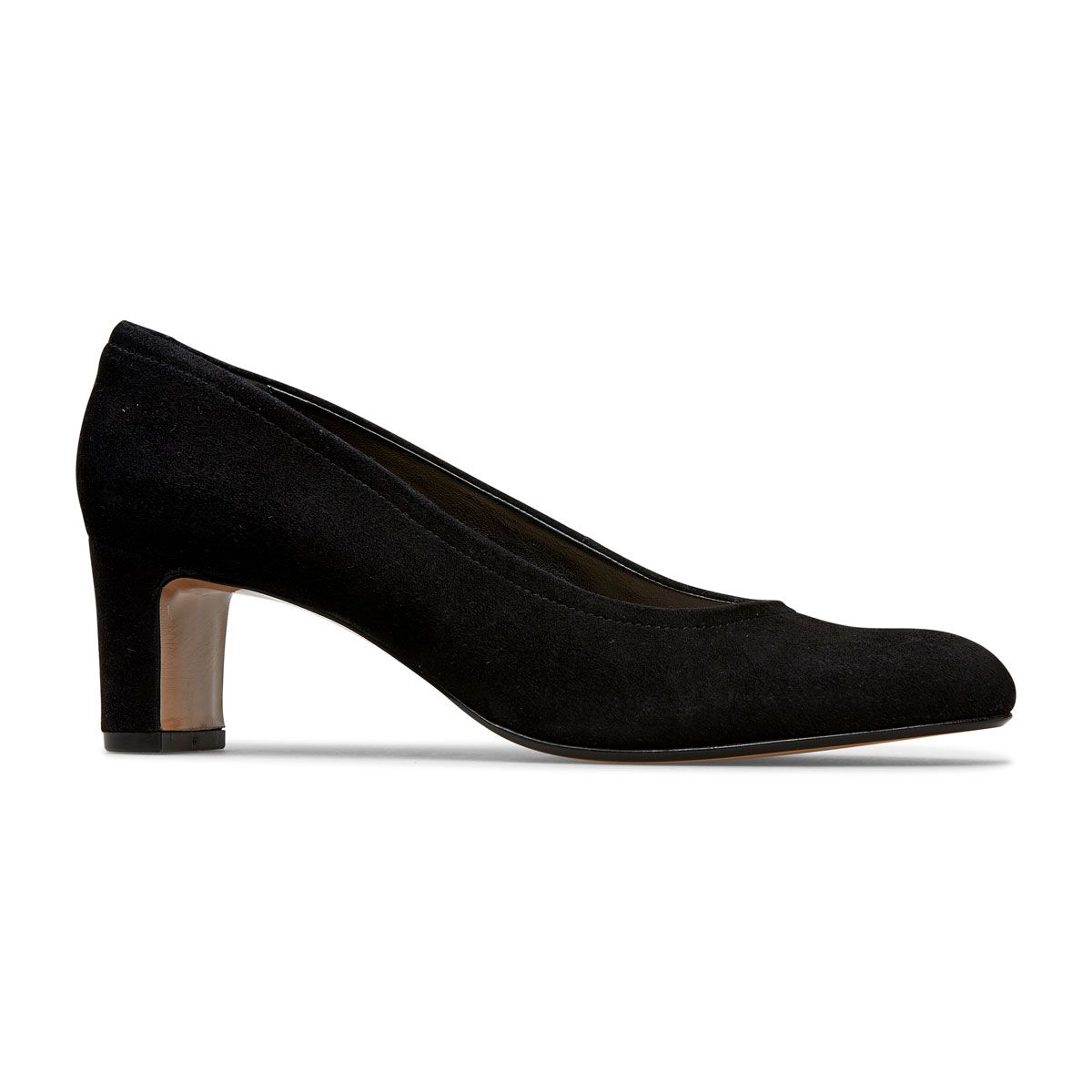 Woman's pointy pump shoe with V-cut in black suede block heel 8